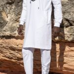 Ensemble Qamis Court Blanc Impression Keffieh Noir avec Capuche Qaba'il : QUDS