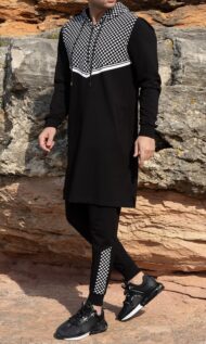 Ensemble Qamis Court Noir Impression Keffieh Blanc avec Capuche Qaba'il : QUDS